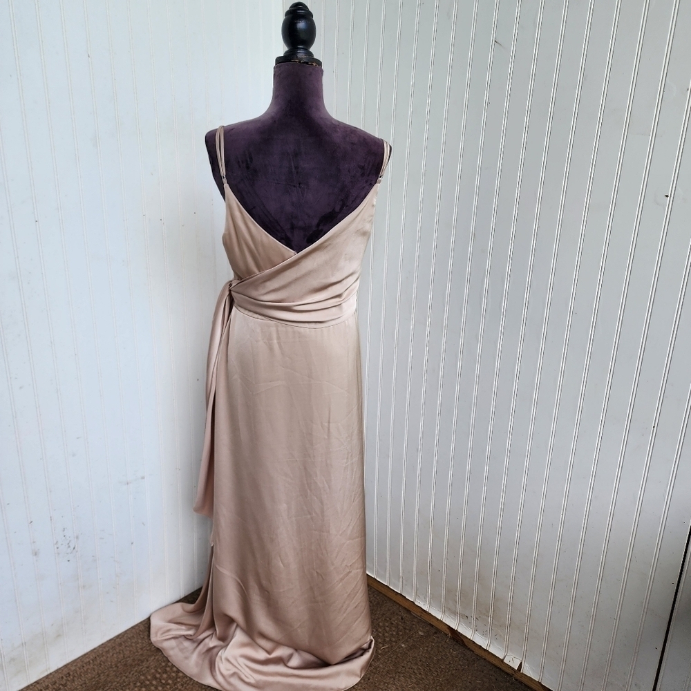 AW Bridal Satin Tank Straps Dress  Champagne Formal Front Slit Size 10 - Picture 6 of 13